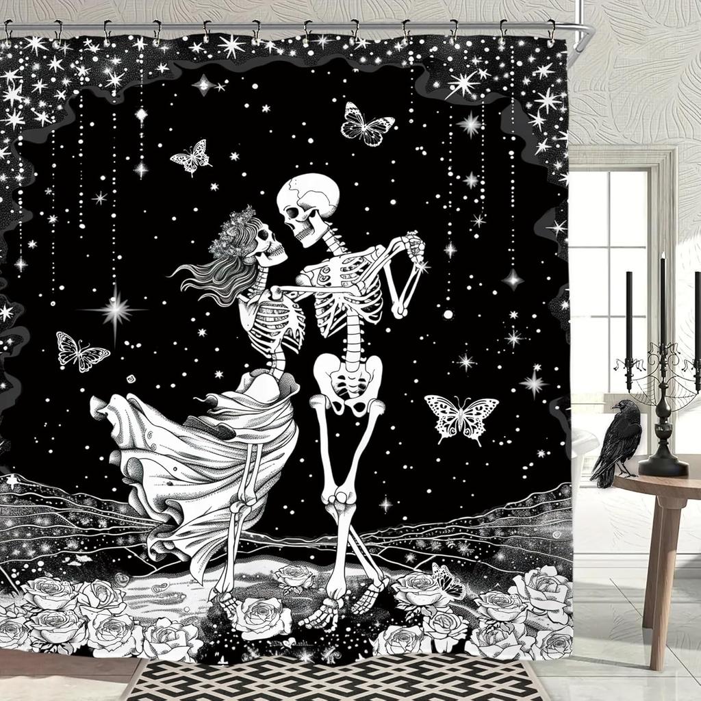 Witchy Gothic Shower Curtain - Moon Phase & Teal Wildflower Design,Mysterious Night Botanical Polyester,60x71 Inch with 12 Hooks