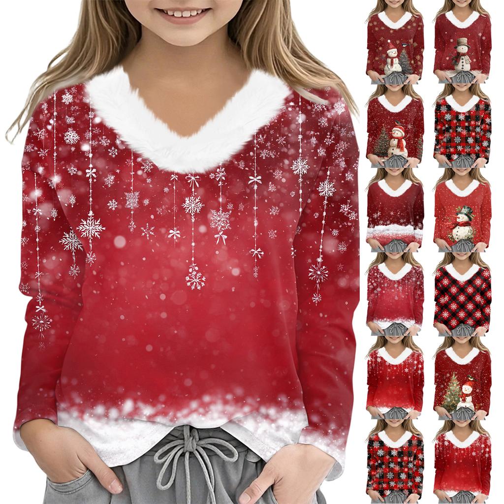 Christmas Day Girls Long Sleeve T Shirts Kids  Girls' V-Neck Tee Christmas Print Long Sleeve Top