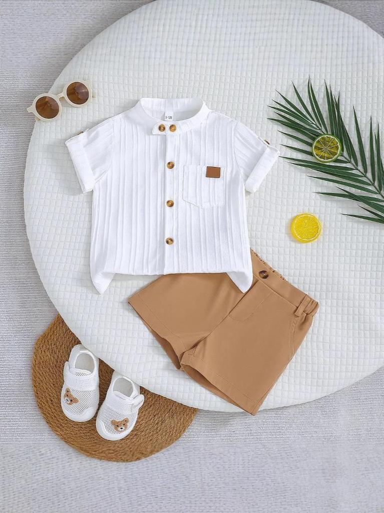 Boys' White Stripe Short-Sleeve Shirt & Khaki Shorts Set (2025 Spring/Summer Collection)
