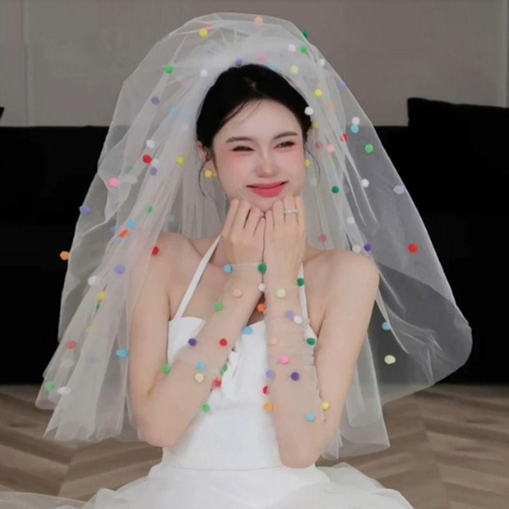 Photo Props Pompom Mesh Tulle with Clip Gloves New White Veil