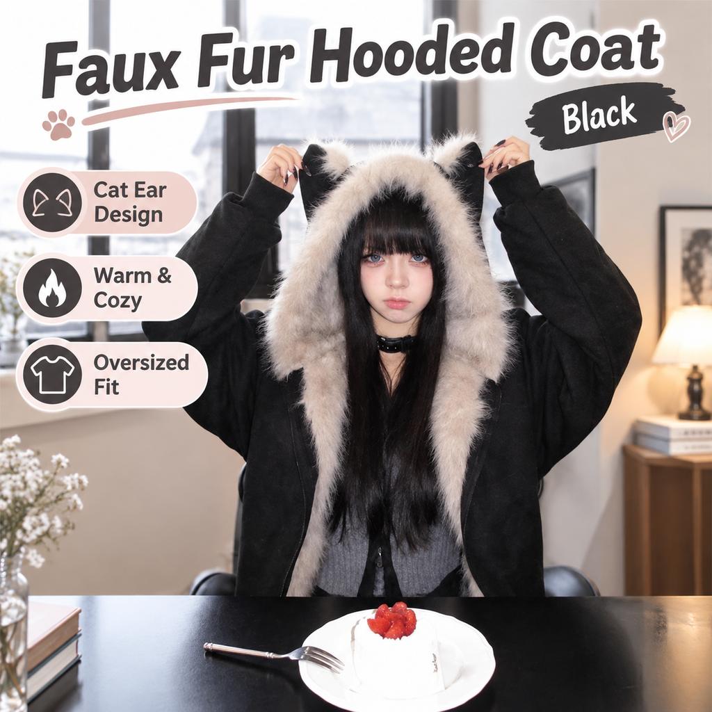 Black Mountain Carving Cat Ear Jacket Men's And Women's Fur Collar Quilted Autumn And Winter Couple Cotton Clothes