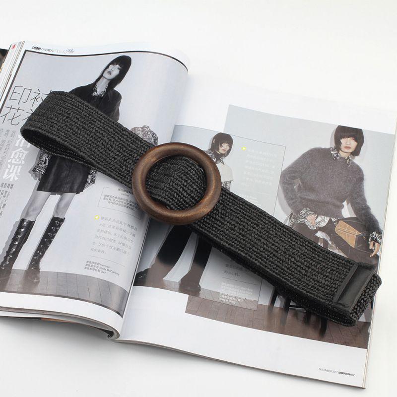 Lady Bohemian Elastic Braided Belt  Female Dress Jeans Wide Black PP Straw Designer Wood Buckle Boho Belts