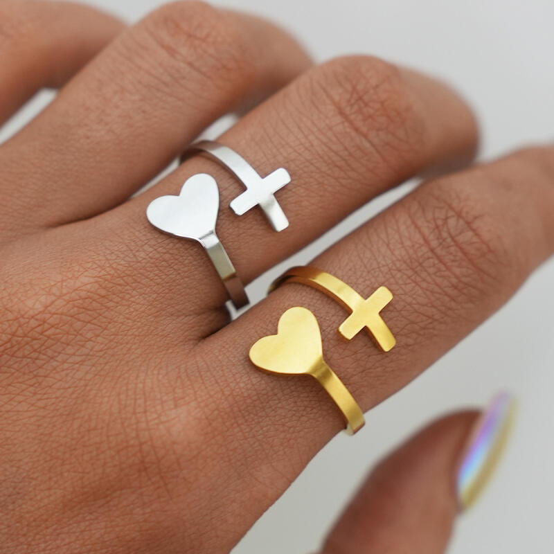 304 Stainless Steel Heart Cross Open Rings for Women Men Romantic No Fading Adjustable Couple Rings Valentine's Day Jewelry Gift