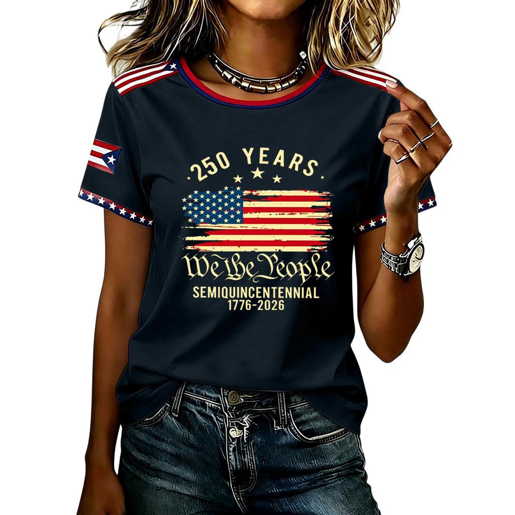 Womens Short Sleeve Crew Neck T Shirt Semiquincentennial 250 Years We the Flag Print Casual Top