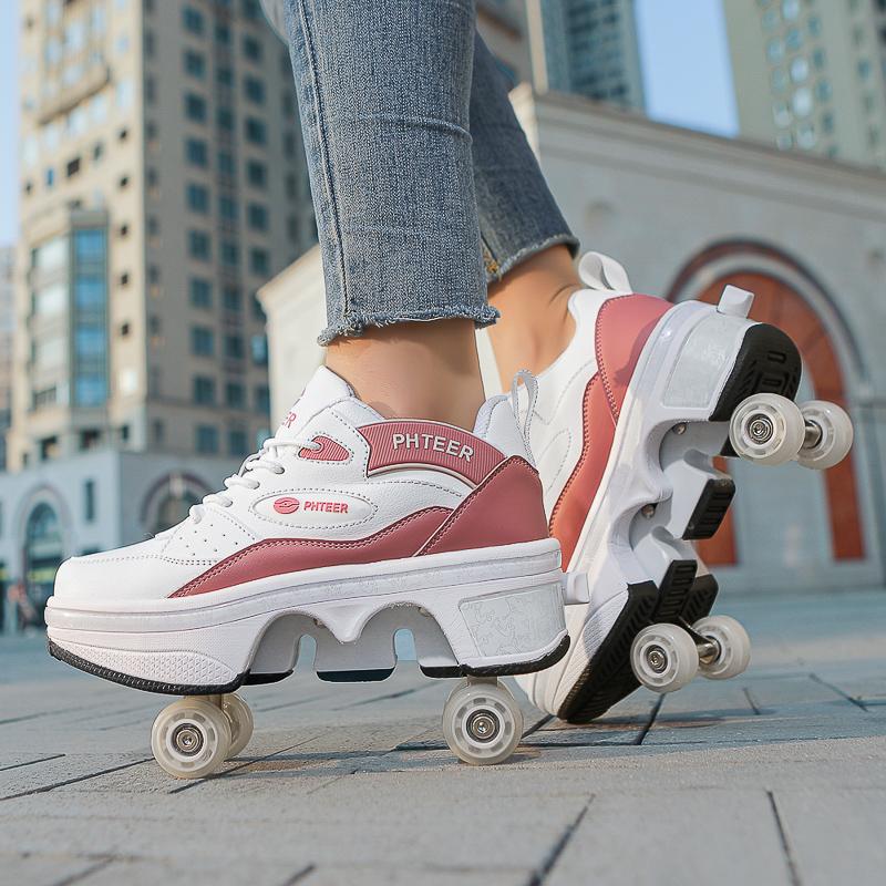 33-42 Kids/ Mens Four Wheels Sneakers with On Double Wheels Roller Sneakers Deformation Roller Skate Shoes for Girls