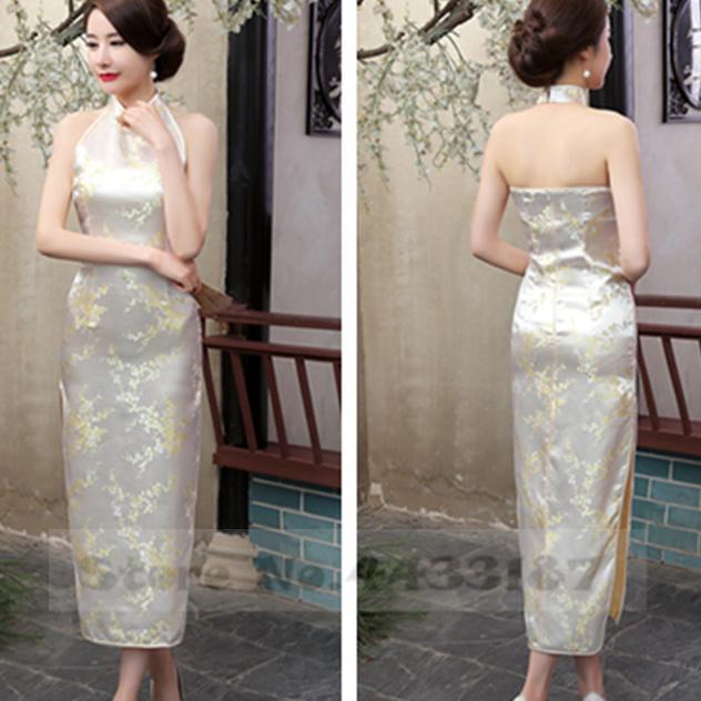 

Sexy Backless Sleeveless Cheongsam Female Retro Classic Brocade Chinese Qipao Dress Plus Size Dragon and Phoenix Vestidos XS білий
