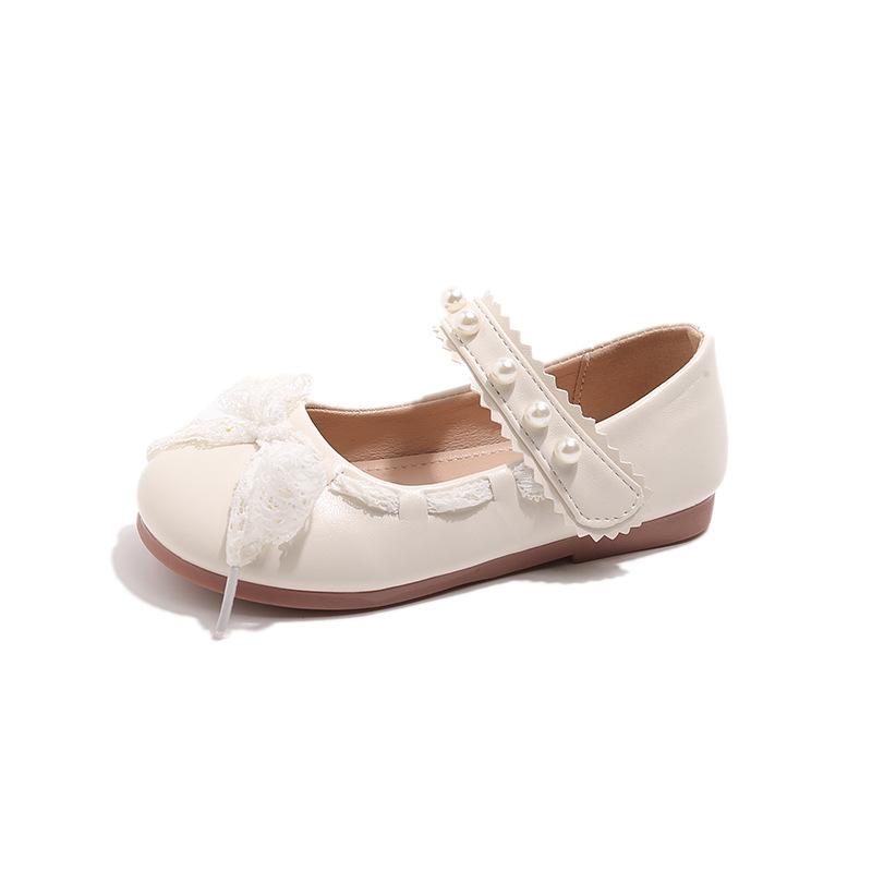Mädchen Prinzessin Schuhe Mesh Spitze Schleife Kinder Ballerinas Runde Zehen Süß 2025 Neu Mädchen Lederschuhe für Party Hochzeit Niedlich Perle