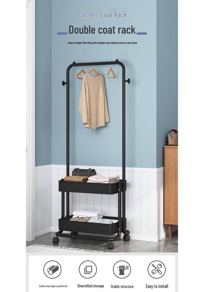 Durable Wheeled Clothes & Hat Rack for Bedrooms/Dorms with Shelves - Thick, Simple Frame, Floor-Standing.