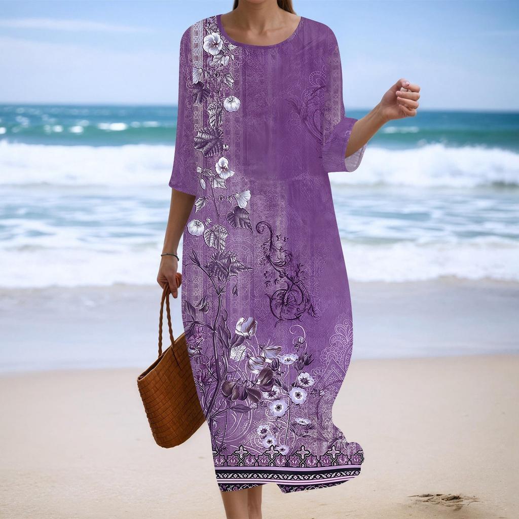 Women's Fashionable Printed Round Neck Seven Quarter Sleeve Loose Dress