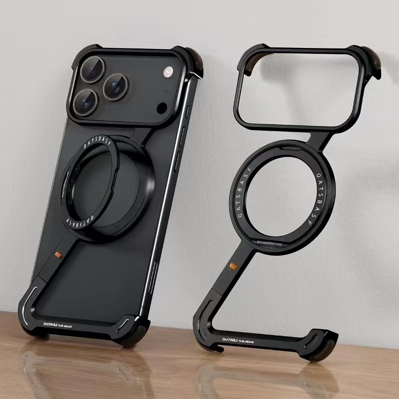 Luxury Frameless Metal Phone Case for iPhone 17 Air 16 15 Pro Max 360° Rotatable Stand Magsafe Magnetic Protective Shockproof Cover