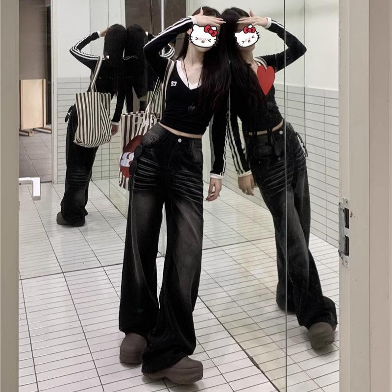 2025 Spring Women's High Street Black and Gray Wide-Leg Jeans - Loose, Slimming, Floor-Length.