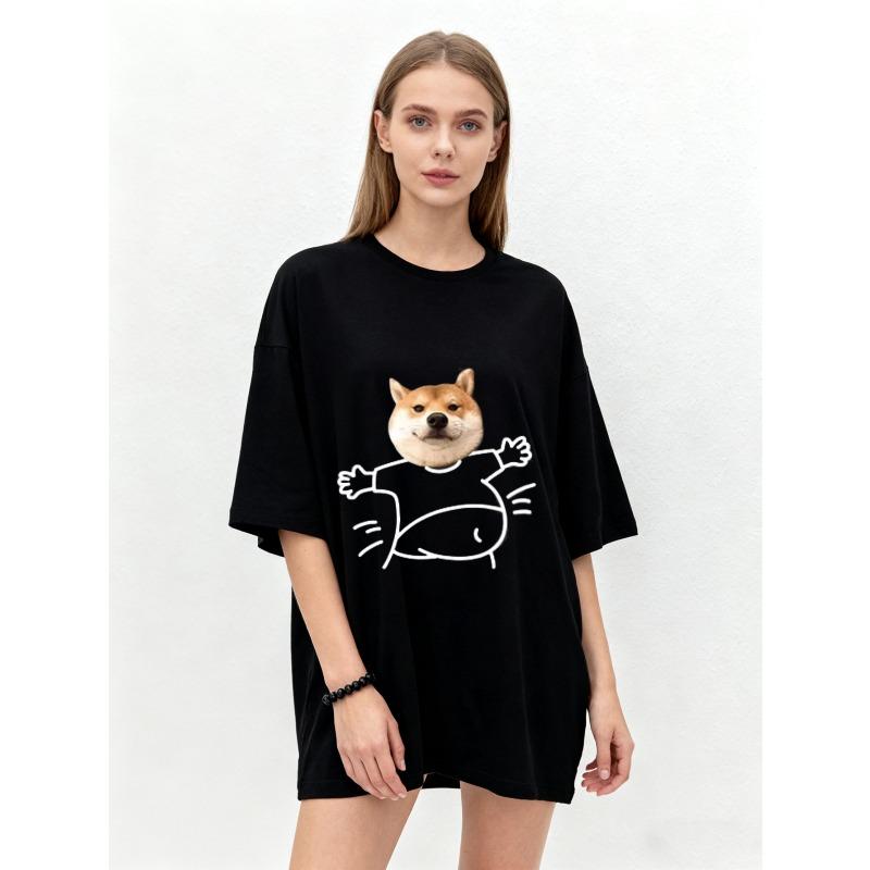 Oversized T-Shirt Black Shiba Inu Dog Cartoon Print Casual Streetwear Fashion Top for Women and Men Unisex Loose Fit Everyday Wear Summer Outfit