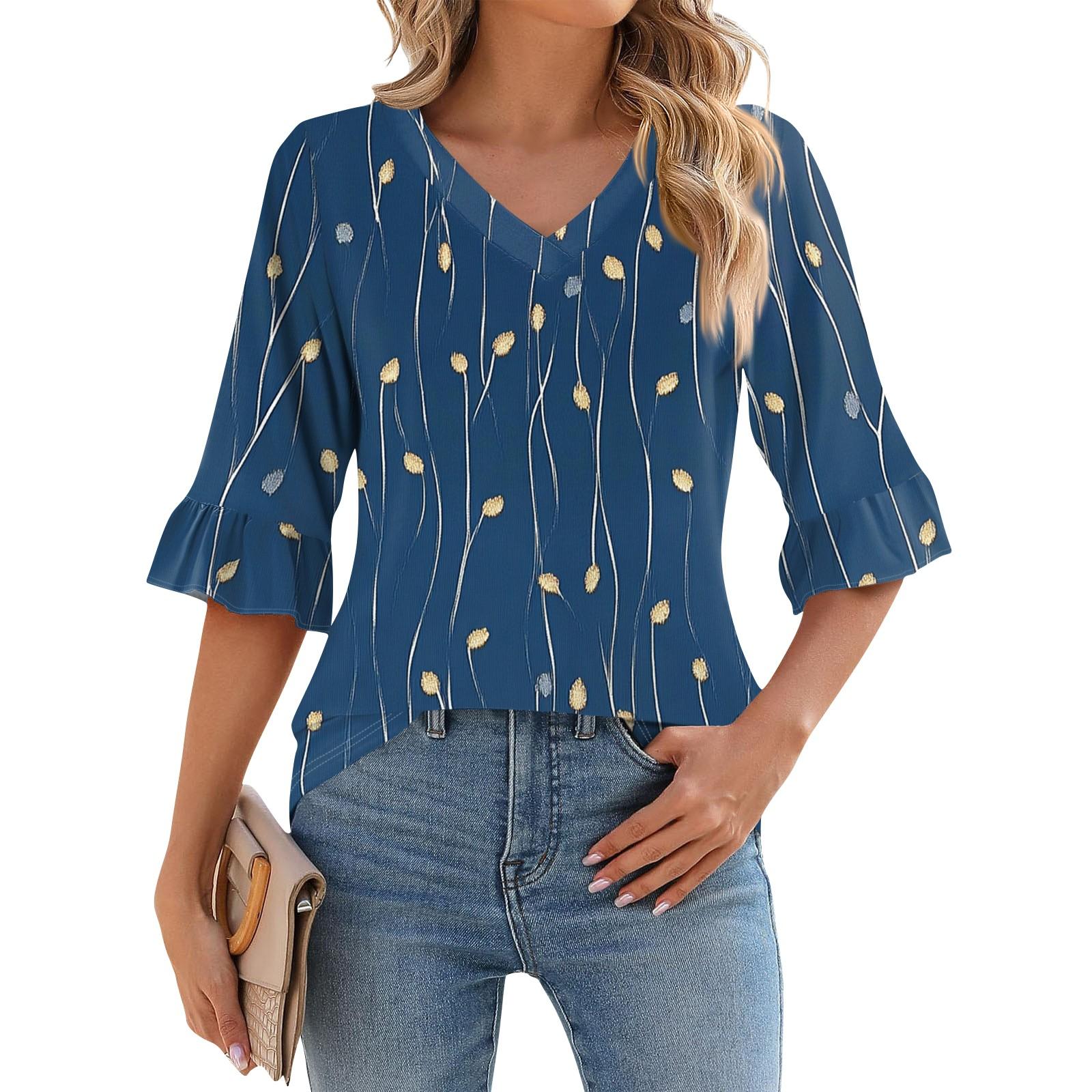 

Женская повседневная футболка с рукавом 3/4, летняя футболка с V-образным вырезом и пышными рукавами, гавайский принт L синий