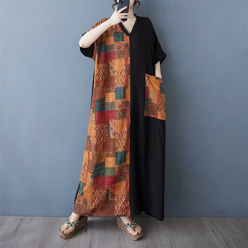 Women's Color Patchwork Black Long Dress Retro Robe