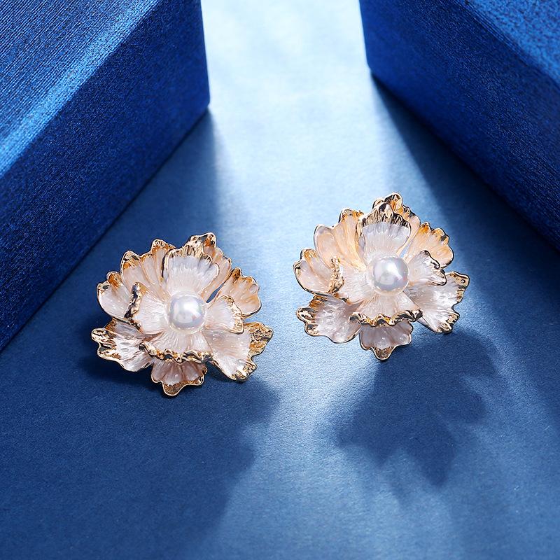 Chinese style peony flower stud earrings temperament women's s925 silver needle pearl simple earrings retro elegant versatile ear jewelry