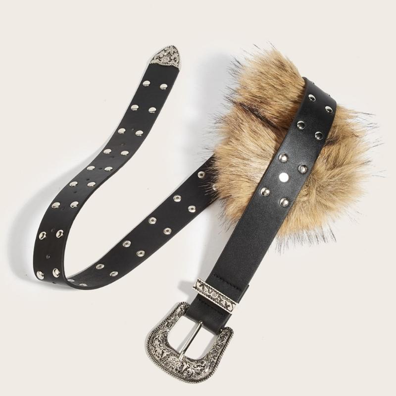 Fashionable PU Leather Waist Cincher With Faux Furs Patchworked Adjustable Pin Buckles Belt For Party adn Daily Outfit