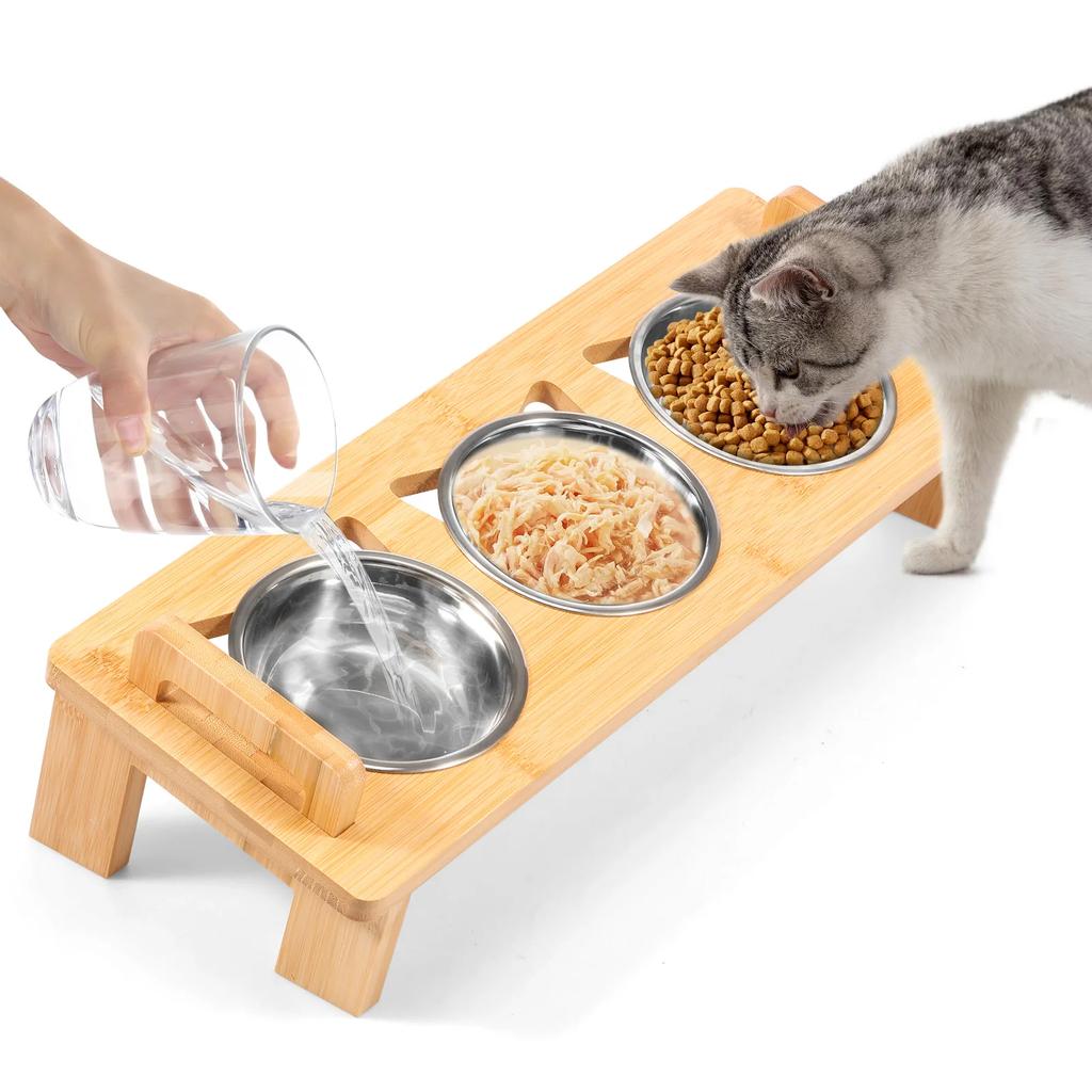 Stal nierdzewna Podwyższony Zestaw Stojaków na Miski dla Kota do Suchej i Mokrej Karmy Wody Podwójne Uchwyty Zestaw Miski dla Kota Łatwe Czyszczenie dla Małego Zwierzęcia