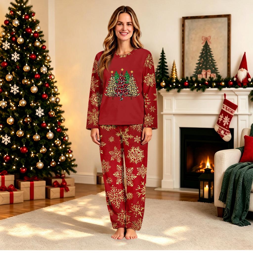 Family Matching Christmas Print Long Sleeve and Long Pants Loungewear Set