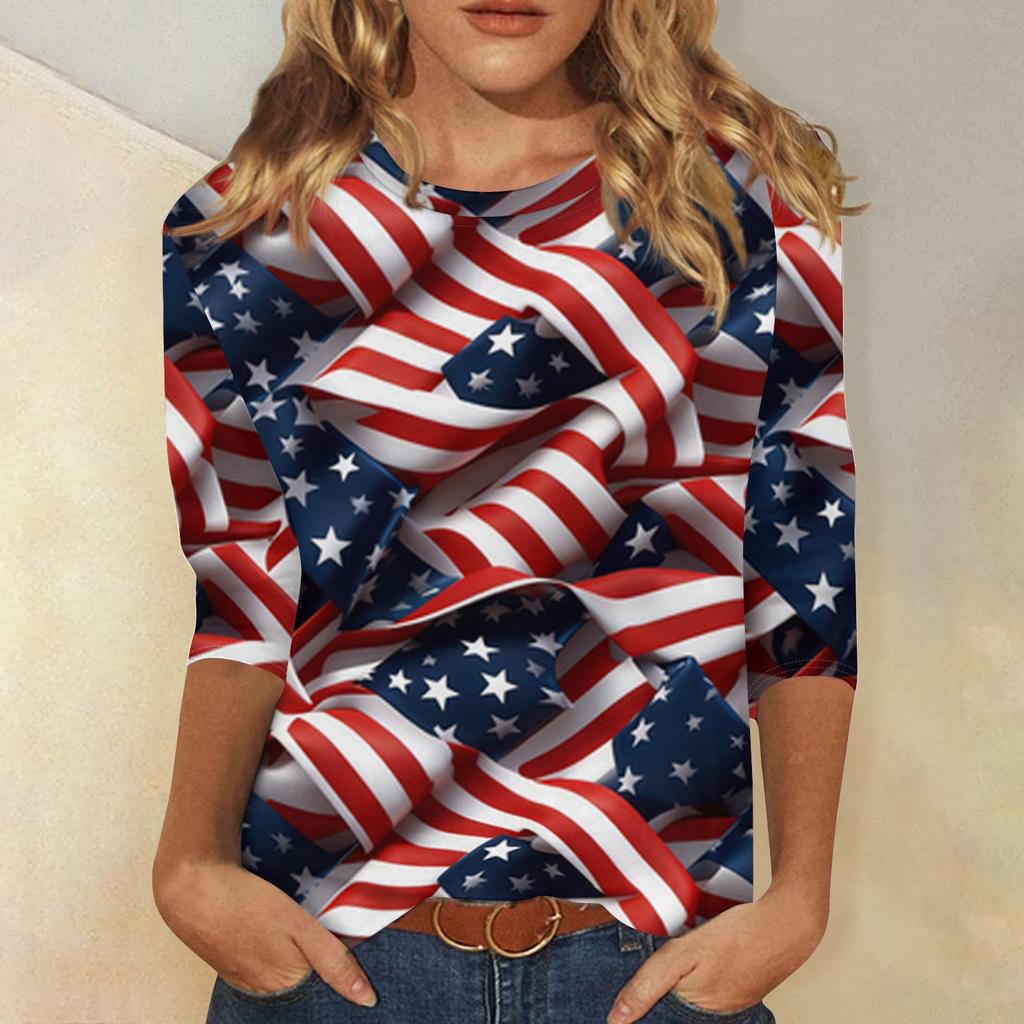 T-shirt Top Décontracté Tendance pour Femme Imprimé Drapeau Américain et Étoiles Fête de l'Indépendance Manches Trois-Quarts Col Rond