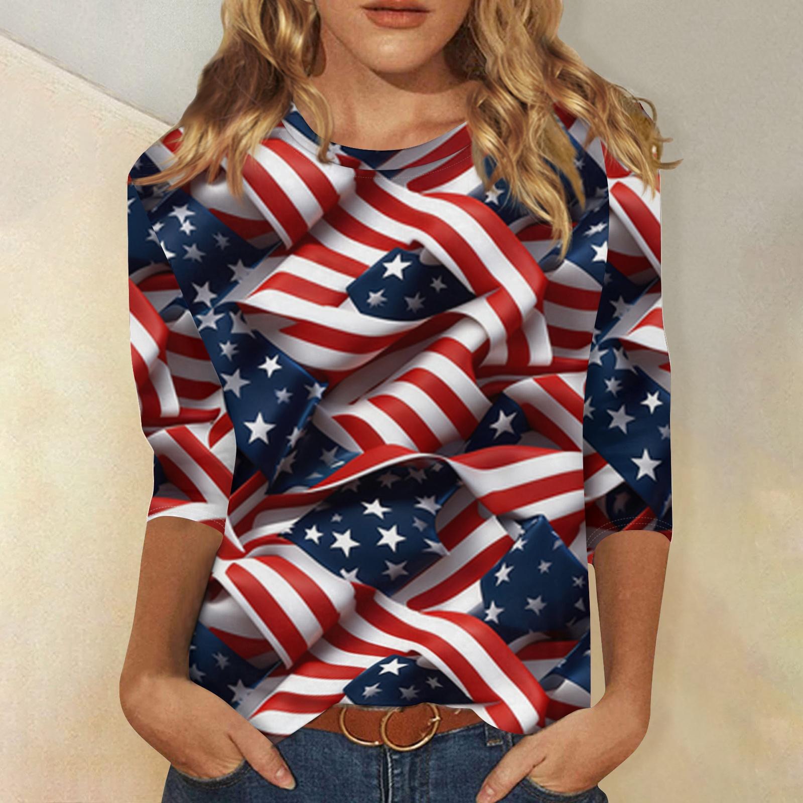 

Women s Fashionable Casual Independence Day American Flag and Stars Print Neck Three-Quarter Sleeve T-Shirt Top XL білий