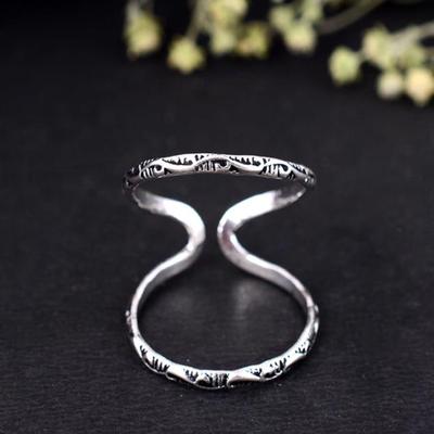 Dainty Scrollwork Double Band Ring | Adjustable Silver Knuckle Ring | Oxidized Pattern Mid-Finger Splint Jewelry | Boho Statement Gift