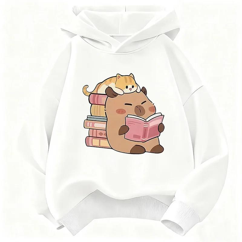 Best-selling Fall/winter Fun Guinea Pig Pattern Reading Book Hoodie. Trendy Teenage Cat Print Casual Hoodie.