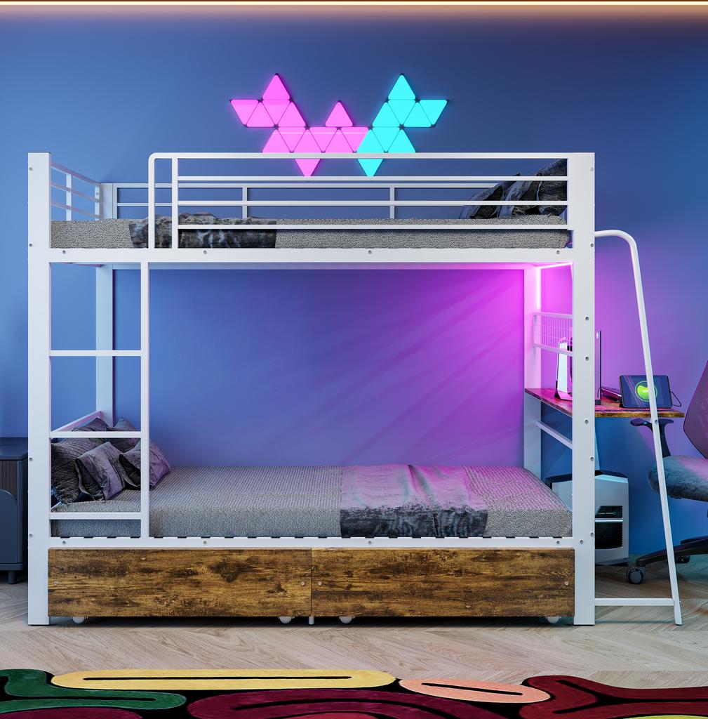 White Bunk Bed 90x200 Cm with Desk, LED Lighting and Storage Drawer, EN747 Certified, 250 Kg Per Level