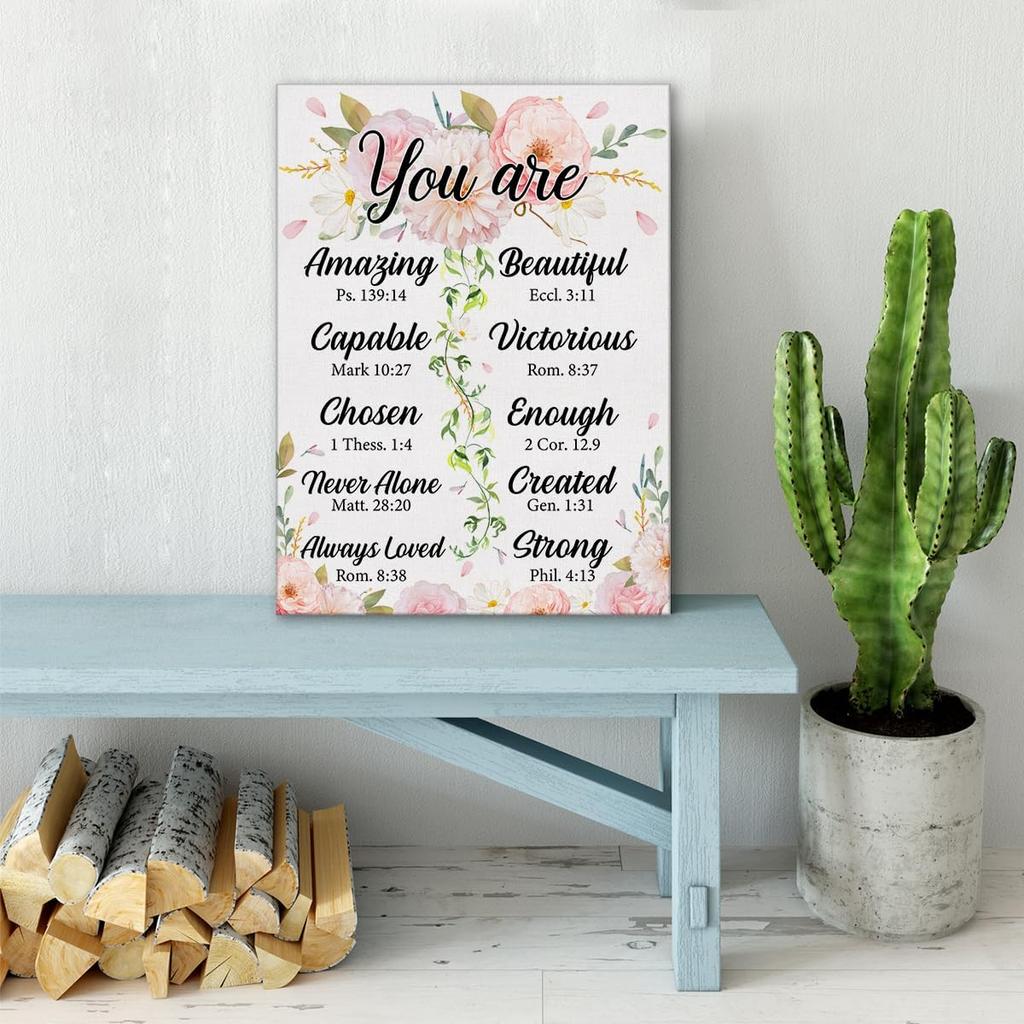 Christian Gift for Women Her Pirational Bible Verse Wall Art Canvas Painting Print Framed You Are Amazing Scriptures Canvas Floral Poster Sign for