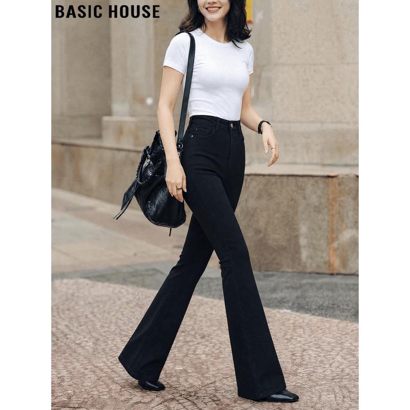 Basic House Women s Black High-Waist Slim-Fit Flared Jeans L