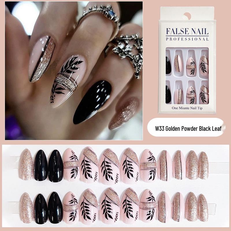 

Золотая пудра Черный лист Съемные накладные ногти – Темная серия