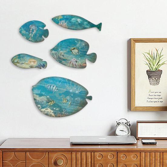 5 Pcs Wood Fish Nautical Wall Decor Rustic Blue Fish Wooden Wall Art Coastal Beach Hanging Sculpture for Home Lake House Bathroom Decor