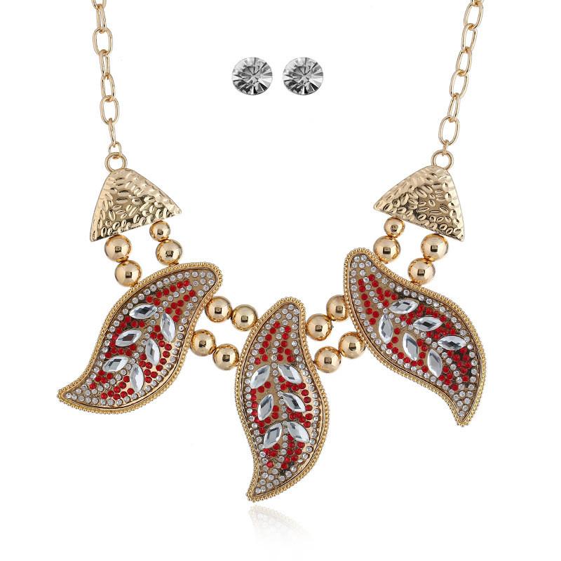 Leaf Necklace Vintage Set With Rhinestone Decor And Geometric Style For Women
