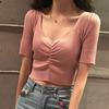 Summer New Style Hong Kong Style Retro Puff Sleeve Short Bottoming Slim V-neck Short-sleeved Sweater Tops for Women