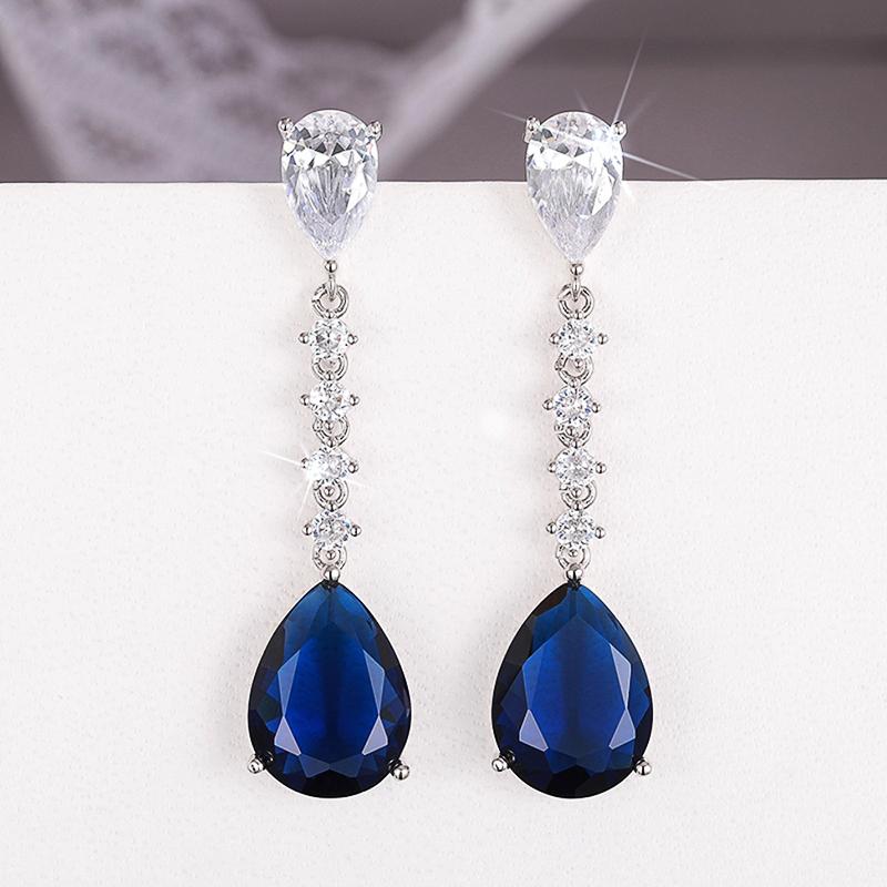 Huitan Gorgeous Waterdrop Blue Cubic Zirconia Long Hanging Earrings for Women Wedding Anniversary Party Elegant Female Zircon