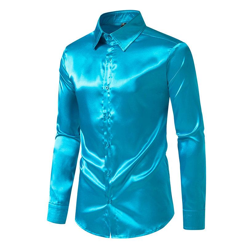 2025 Men's Shiny Satin Long-Sleeve Shirt - Spring/Autumn Trendy Nightclub Style.