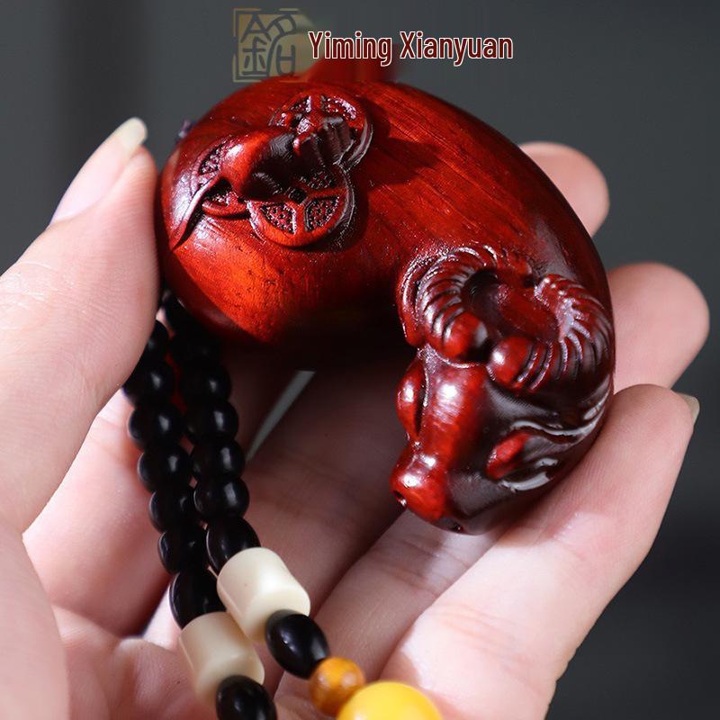 Rosewood Carved Pixiu Ornament: Gourd & Dragon Turtle Handicraft