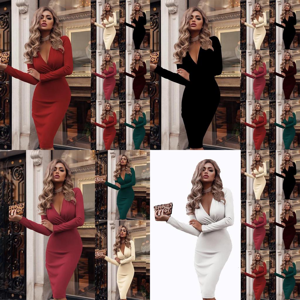 Neck Women V Long Sleeve Bodycon Sexy Dress Ladies Casual Evening Clubwear Party