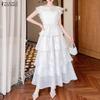 Rochie Casual Elegantă de Damă cu Patchwork din Dantelă, Decolteu Rotund, Fără Mâneci, cu Volane