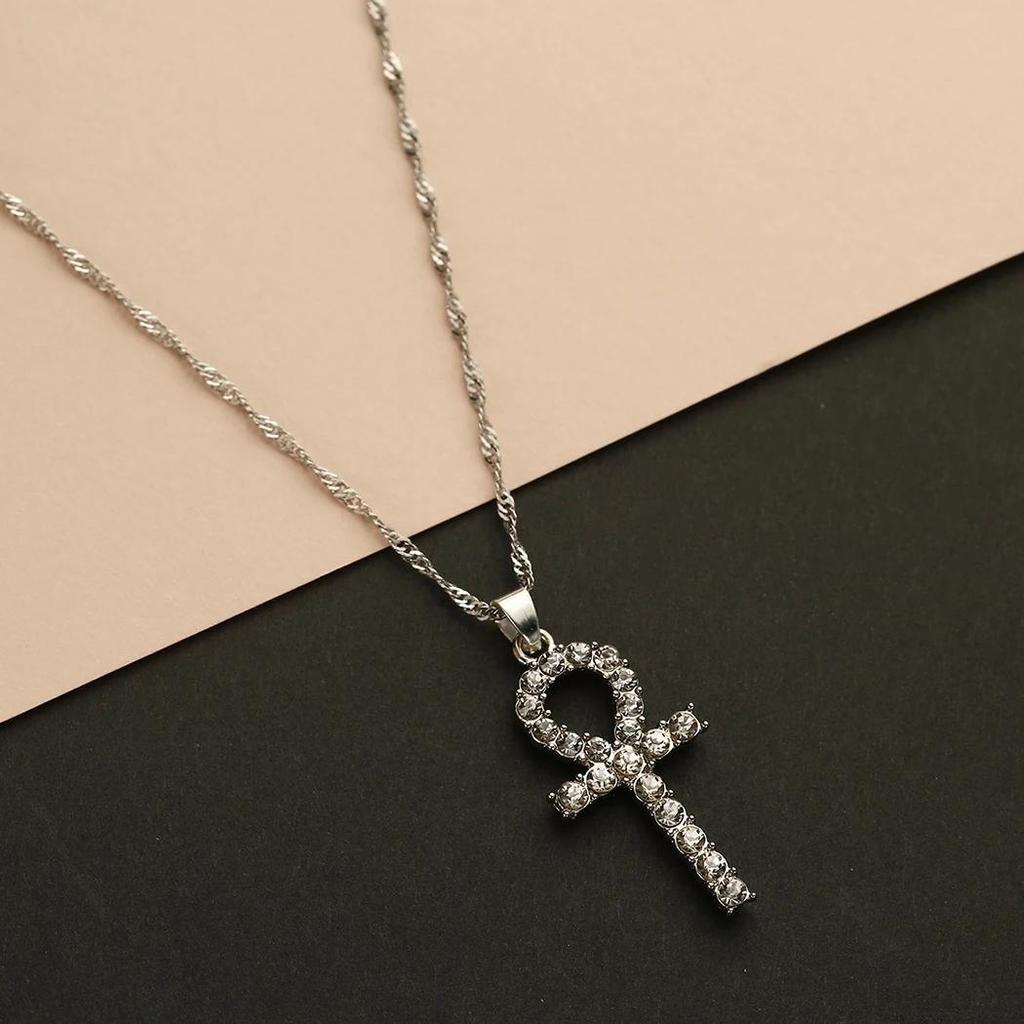 Amulet Talisman Ankh Cross Pendant Necklace Women Crystal Rhinestone Egypt Egyptian Key Life Religious Chain Jewelry Gift