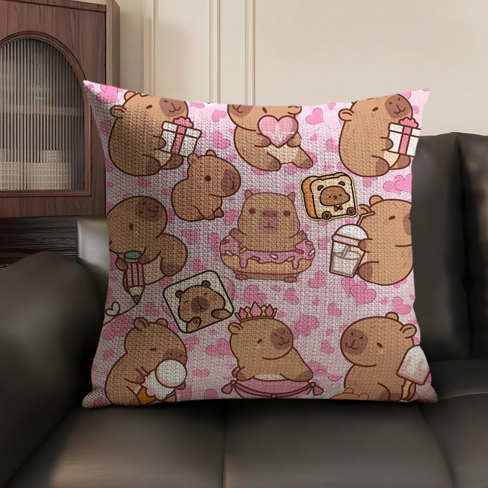 Capybara Cartoon Cute Cushion Cover Natural Linen Organic Fabric DoubleSided Printing Sofa Home Decor Gift Pillow Case