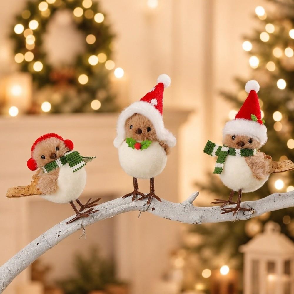 1/3 Stück Plüsch Mini Pelzige Rotkehlchen Vogel Figuren Weihnachtsmannmütze Weihnachten Haus Fenster Dekoration Kamin