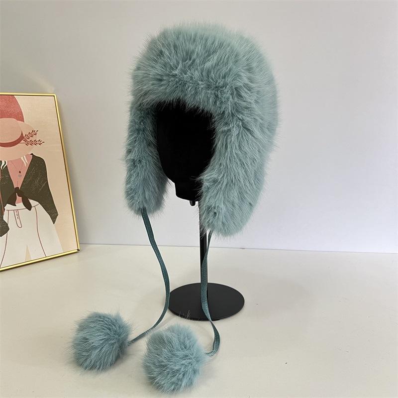 

Plush children winter warm imitation mink ear cap cute tail hanging ball tether snow hat M（56-58cm） бежевий