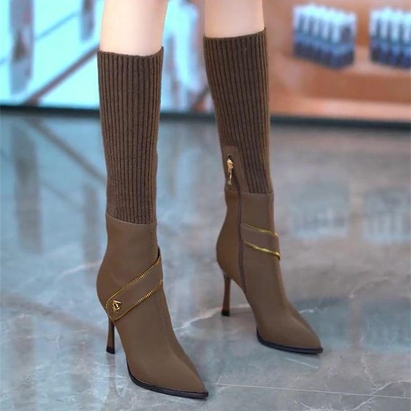 Elastic sleeve thin heel thin boots women's single boots 2025 autumn and winter zipper metal buckle with pointed high heel knight women's boots