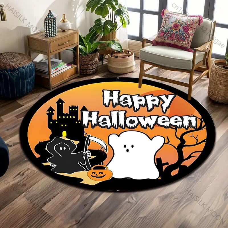 Pumpkin Head Bat Castle Halloween Round Carpet Floor Mat Suitable for Children's Bedroom Decor Living Room Round Rugs for Gifts
