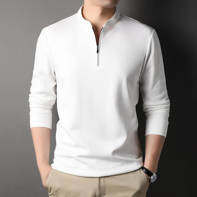 Autumn Zipper Stand Collar Men's T-shirt for Young and Middle-aged People Casual Solid Color Thin Cotton Long-sleeved Bottoming Shirt Men's Sweatshirt