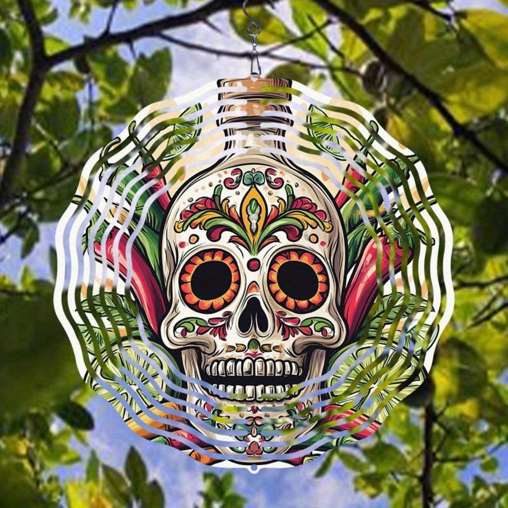 Day of the Dead Skull Metal Wind Chime Outdoor Hanging Decor with Vibrant Floral Patterns 360 Rotating Hook for Garden Patio Yard