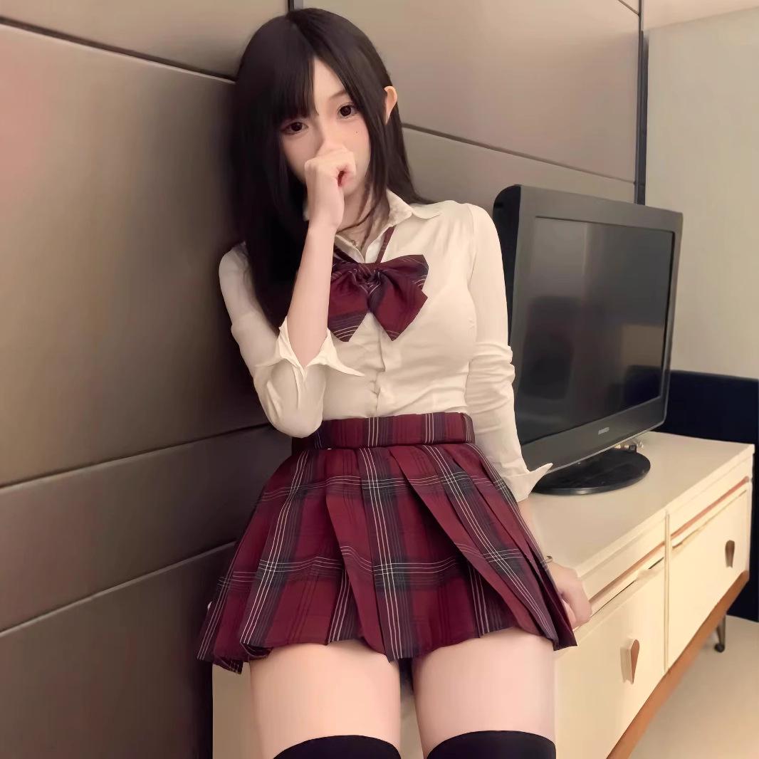 

JK High-Waisted School-Style Red Check Midi Skirt Set for Autumn/Winter XL