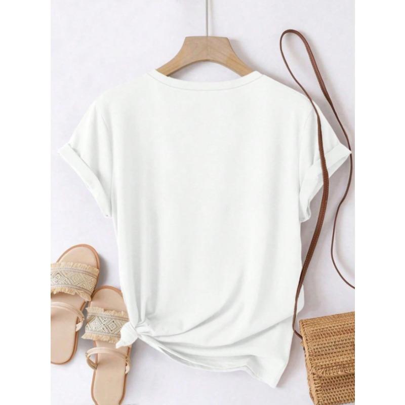 European Size Women's Leaf Print Short Sleeve T-Shirt - Casual Round Neck Blouse with Medium Stretch Fabric, Spring/Summer/Fall Wardrobe Essential,