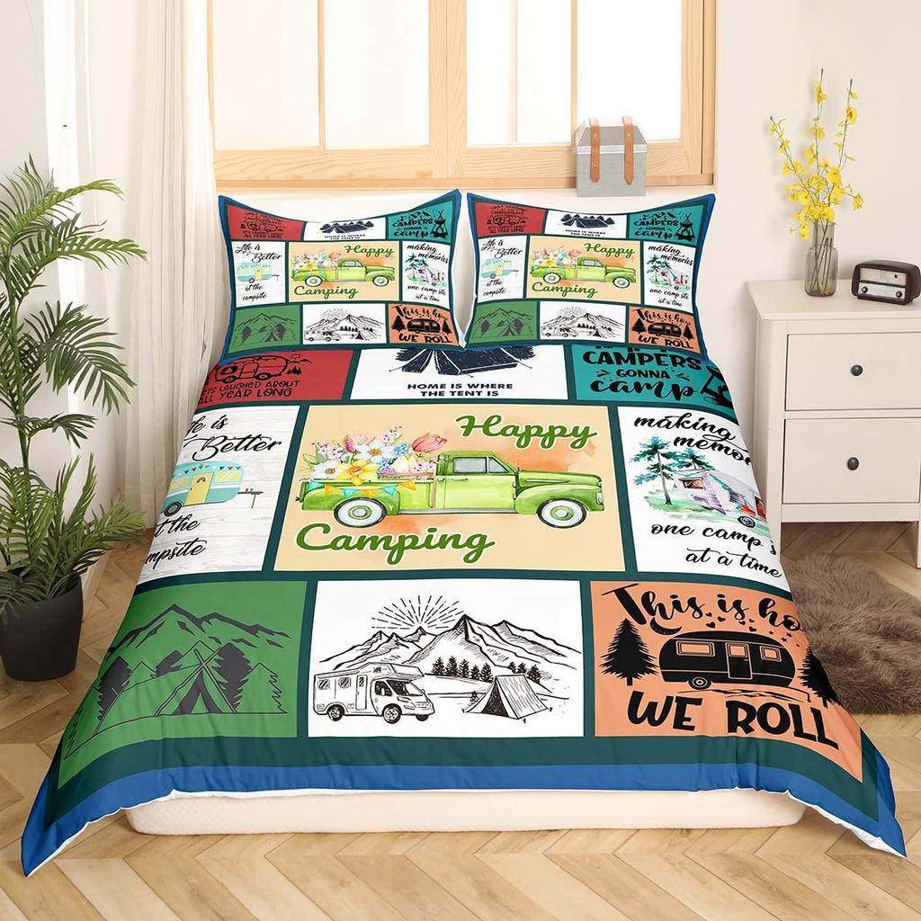 Camping Bedding Set Twin King Full Size For Teens Adult Duvet Cover Happy Camping Comforter Cover 3 Pieces With 2 Pillowcase