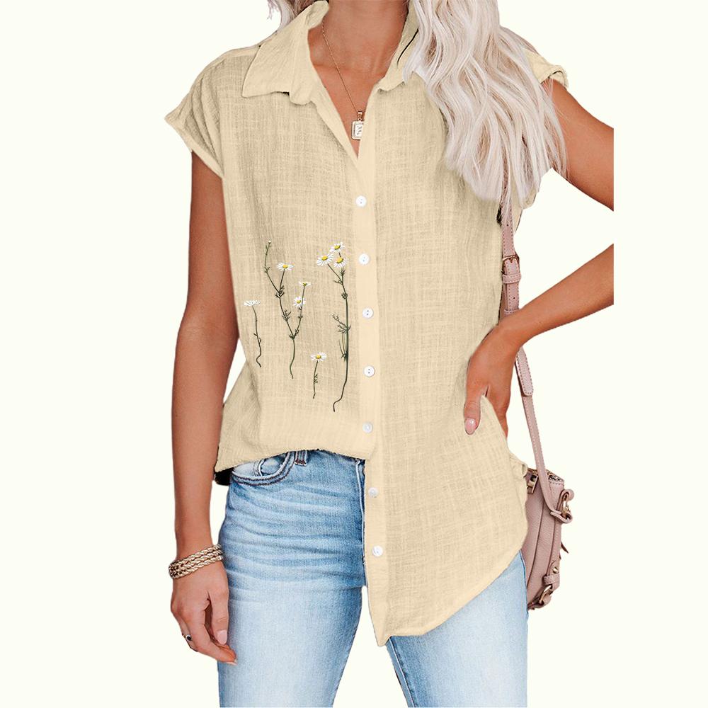 Women Fashion Sleeveless Thin Blouse Casual Floral Print Top Ladies Button-down Shirt